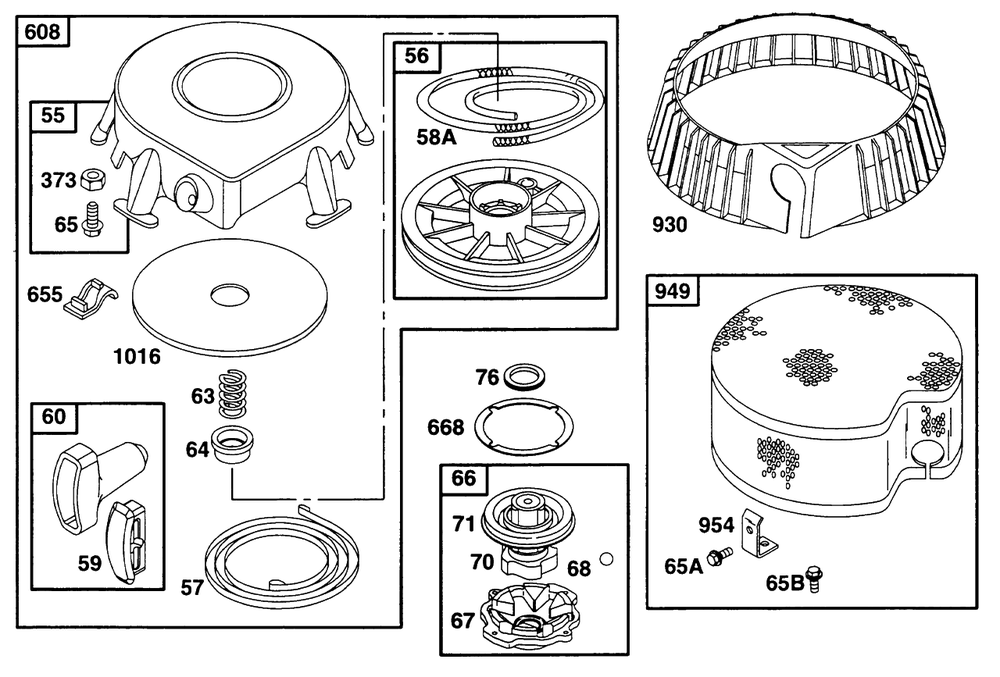 Rewind Assembly Diagram and Parts List for 195431-2234-XX  Briggs and Stratton Engine